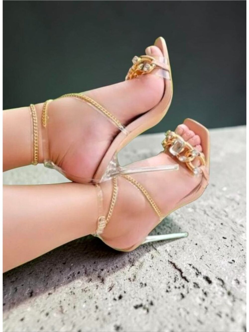 Clear Strap Stiletto Heels With Gold Chain & Crystal Embellishment For Women